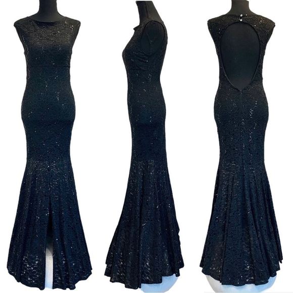Dresses & Skirts - BLACK lace sequin mermaid open back sleeveless Long gown evening dress formal M